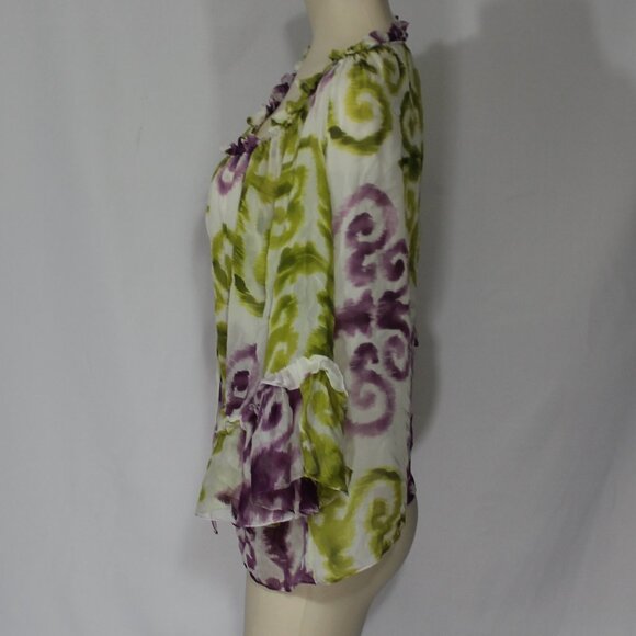 Milly  silk lined  Roll Tab Three Quarter Ruffle Sleeve Blouse boho White size 8 - Picture 2 of 7